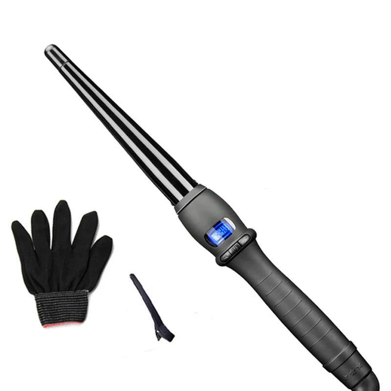 High Quality LCD Hair Waver Curler Conical Curling Iron Single Tube Ceramic Glaze Pear Flower Cone Electric Hair Curly Hair Peaceful Pleasures Health and Wellness black US