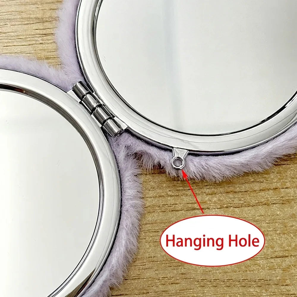 Fluffy Plush Compact Mirror – Dual-Sided Portable Folding