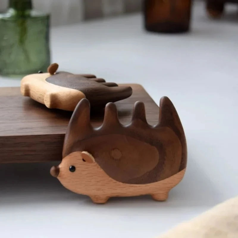 Massage Comb Cartoon Hedgehog Black Walnut Wood Meridian-unblocking Comb Creative Cartoon Animal Portable Wooden Head Care Comb Peaceful Pleasures Health and Wellness
