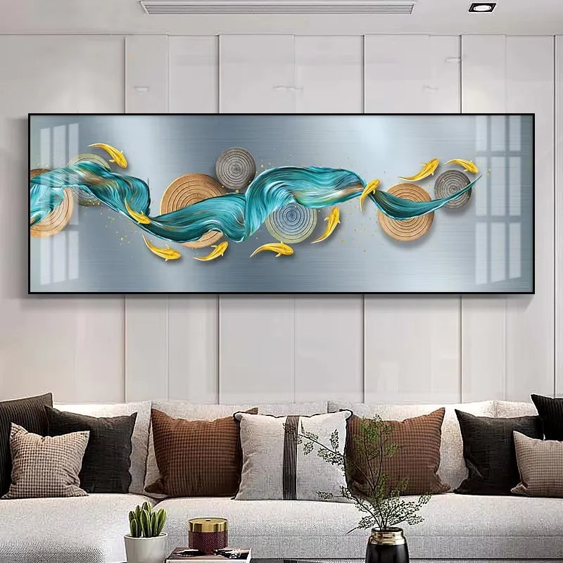Large Wall Decorative Painting on Canvas Chinese Style Koi Poster Nine Fish Illustration Feng Shui Carp Lotus Pond Home Decor Peaceful Pleasures Health and Wellness ZLH3509 80x240cm Unframed