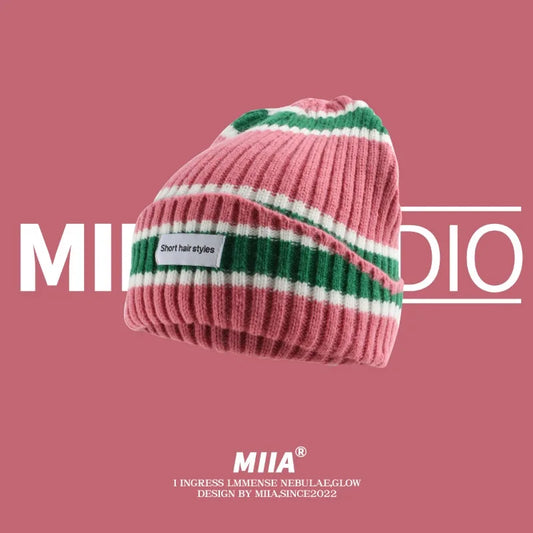 Striped Knit Beanie – Warm Contrast Color Winter Hat Unisex Knit Winter Beanie Peaceful Pleasures Health and Wellness