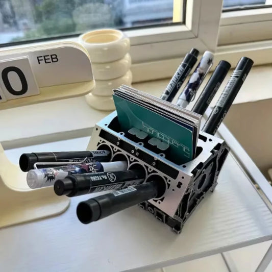 Creative Engine Block Desk Organizer Business Card Pen Holder Perfect Gift for Car Enthusiasts Resin Construction Peaceful Pleasures Health and Wellness