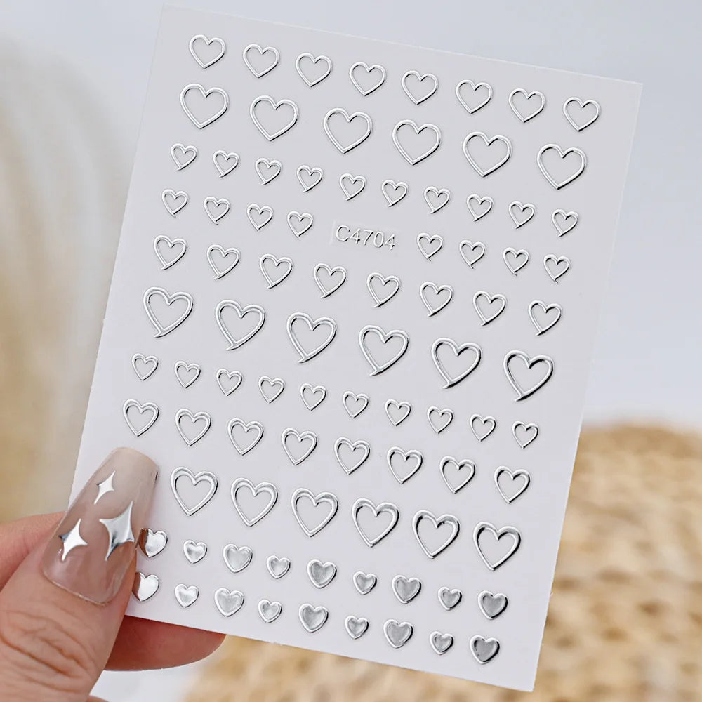 3D Silver Nail Art Stickers – Stars, Hearts & Chain Decals