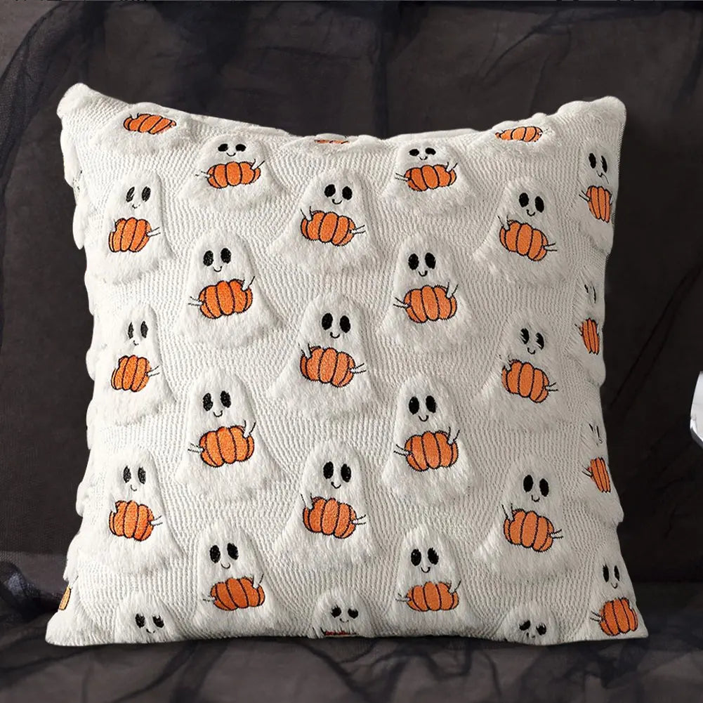 Halloween Plush Faux Fur Pillowcase Washable Soft Pillow Case Comfortable Ghost&Pumpkin Pillow Cover for Festive Home Accent Peaceful Pleasures Health and Wellness