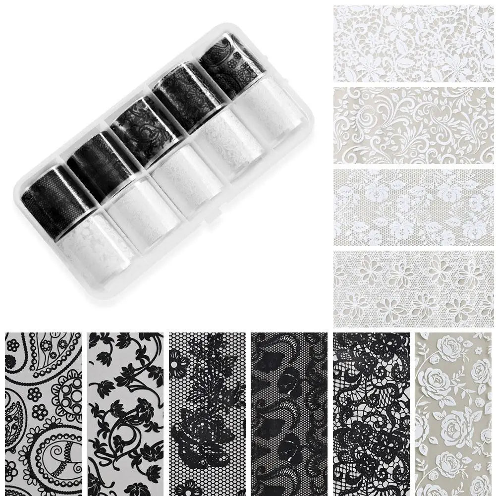 10 Rolls Lace Nail Art Foils | Black & White Self-Adhesive Stickers