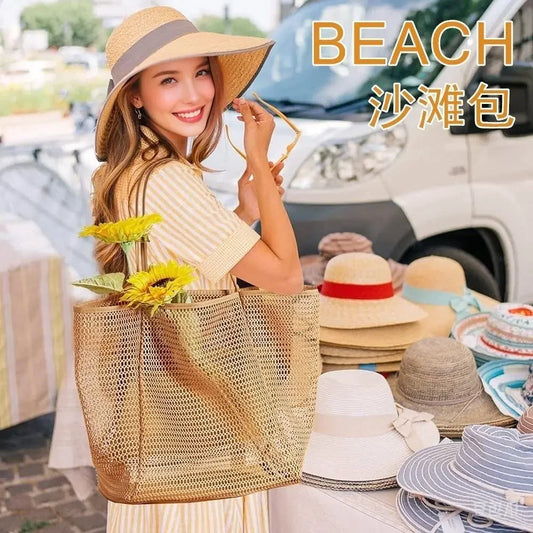 Large Foldable Mesh Beach Bag – Women's Shoulder Tote Mesh Beach Tote Peaceful Pleasures Health and Wellness