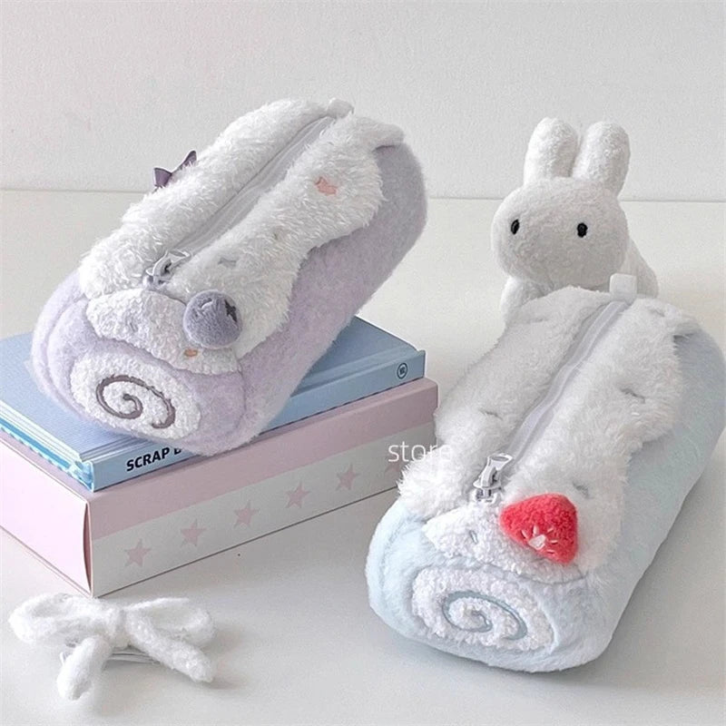 1pc Cream Swiss Roll Plush Pen Bag Cute High Beauty Student Large Capacity Desktop Stationery Box Pen Bag Peaceful Pleasures Health and Wellness