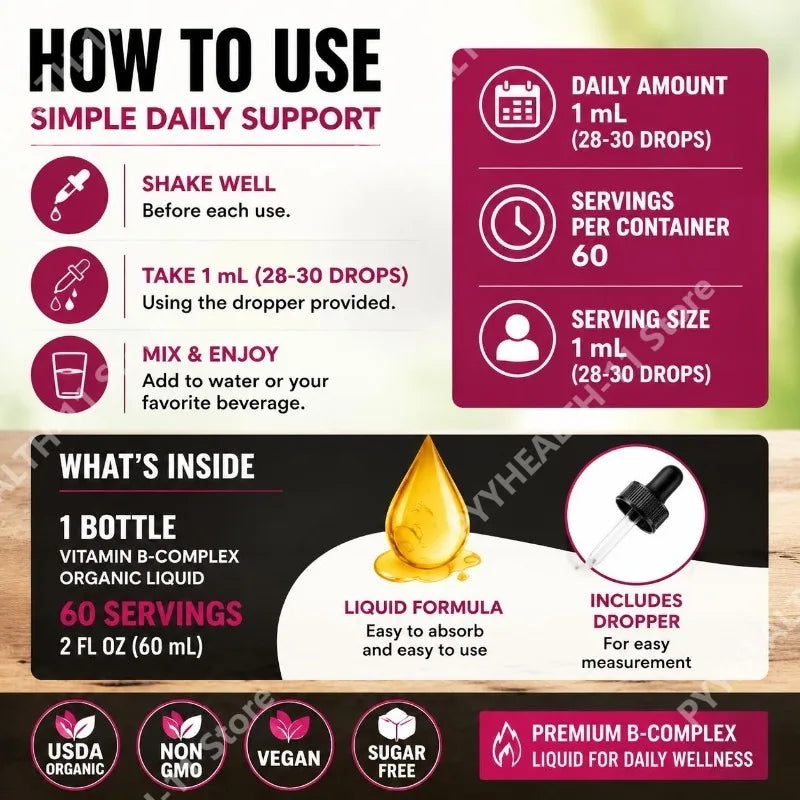 8-in-1 Organic Vitamin B Complex Liquid Drops | B12 Biotin 60mL
