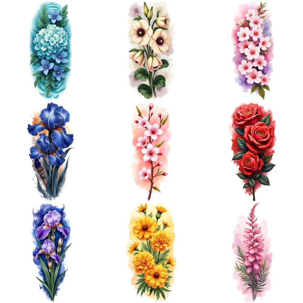 9-Pack Floral Temporary Tattoos – Waterproof Flower Designs