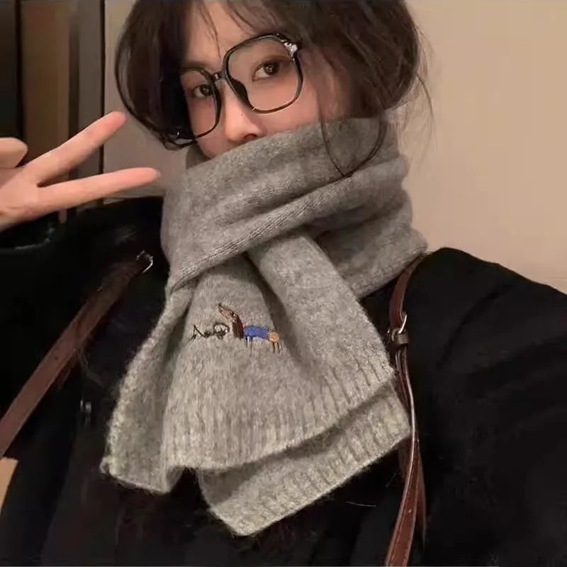 Original Korean Style Embroidered Puppy Solid Color Knitted Scarf Women Autumn Winter Student Neck Warmer Cozy Knit Neck Gaiter Peaceful Pleasures Health and Wellness GRAY