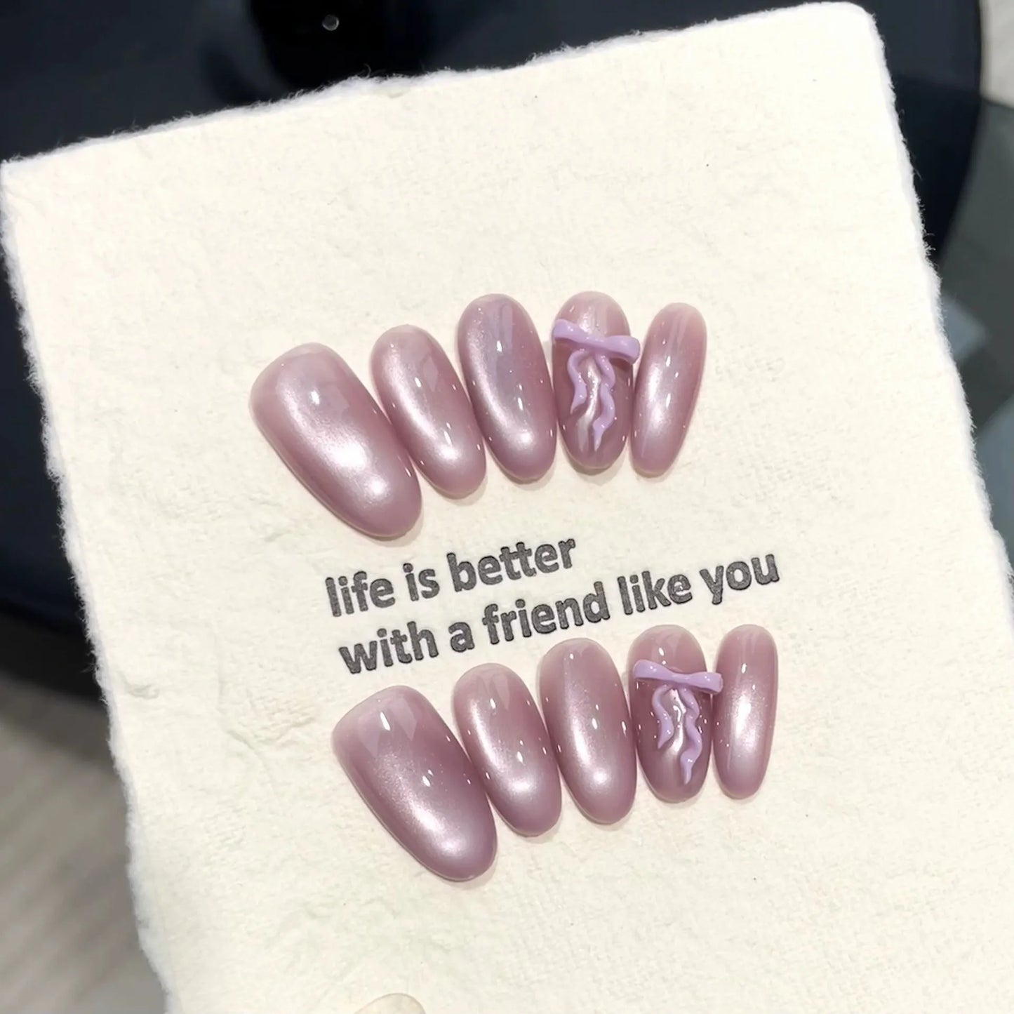 10pcs Handmade Press On Nails 3D Bow Cat's Eye Almond Purple
