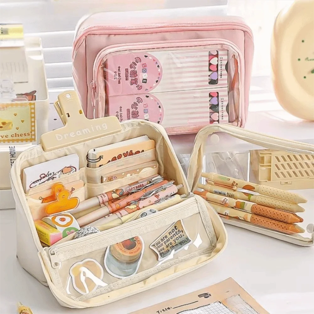 Kawaii Large Capacity Transparent Pencil Case DIY Zipper Transparent Pen Bag Multifunctional Solid Color Stationery Box Friend Peaceful Pleasures Health and Wellness