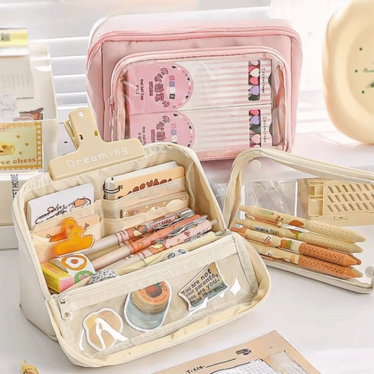 Kawaii Large Capacity Transparent Pencil Case DIY Zipper Transparent Pen Bag Multifunctional Solid Color Stationery Box Friend Peaceful Pleasures Health and Wellness