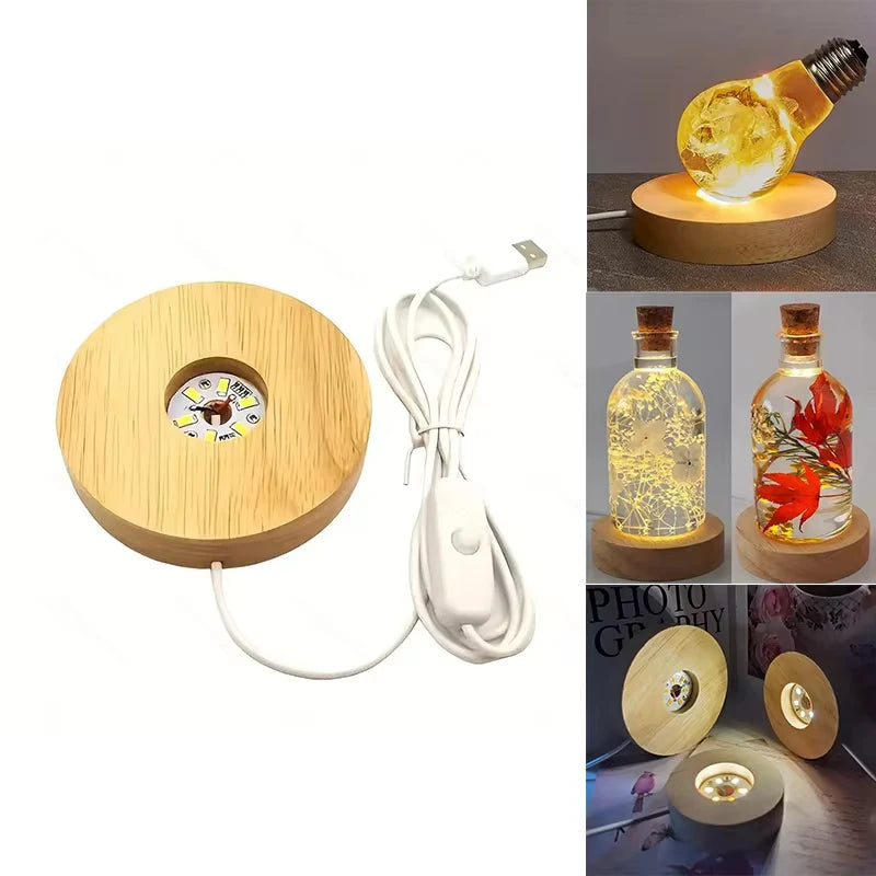 Wooden LED USB Display Stand Light Base – Desktop Night Light