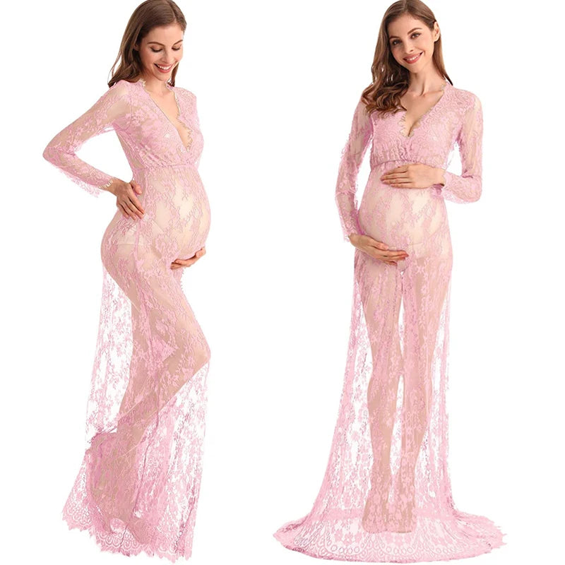 Sexy Deep V-Neck Long Sleeve Lace Beach See-Through Maternity Maxi Dress Douche de bébé Photographie de vêtements de maternité Peaceful Pleasures Health and Wellness pink S China Mainland