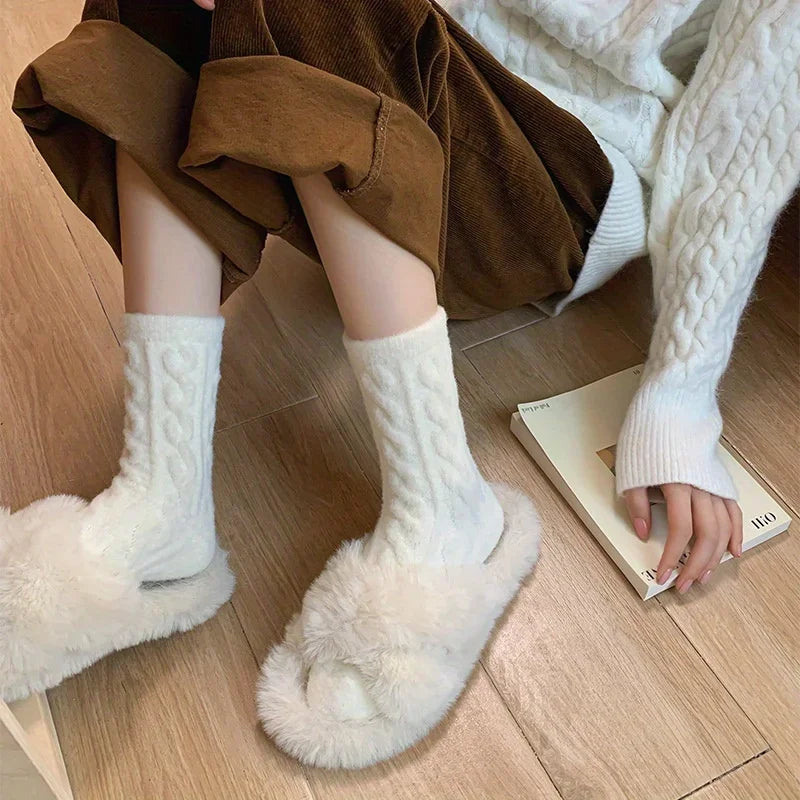 New Soft and Fluffy Fluffy Socks Autumn Winter Thicken and Thickened Macaron Color Mid Calf Sock for Cold Protection Solid Color Peaceful Pleasures Health and Wellness