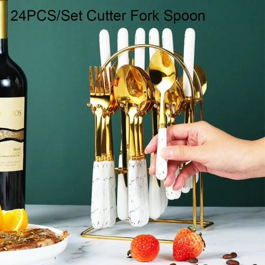 24-Piece Marbled Stainless Steel Cutlery Set with Storage Rack Cutlery Flatware Set Oasis Select