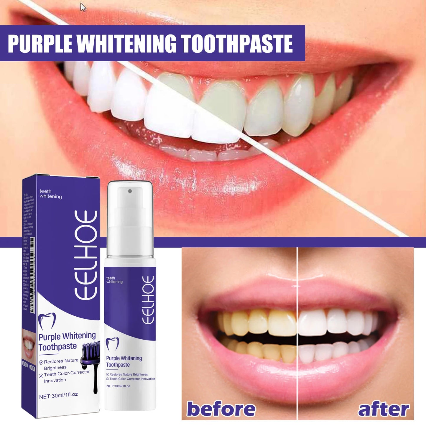 Eelhoe Purple Whitening Toothpaste | Remove Plaque & Stains 30ml Whitening Toothpaste Peaceful Pleasures Health and Wellness