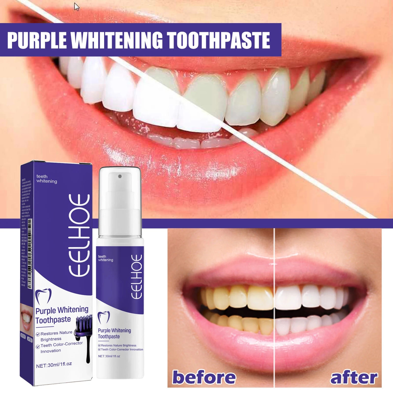 Eelhoe Purple Whitening Toothpaste | Remove Plaque & Stains 30ml Whitening Toothpaste Peaceful Pleasures Health and Wellness