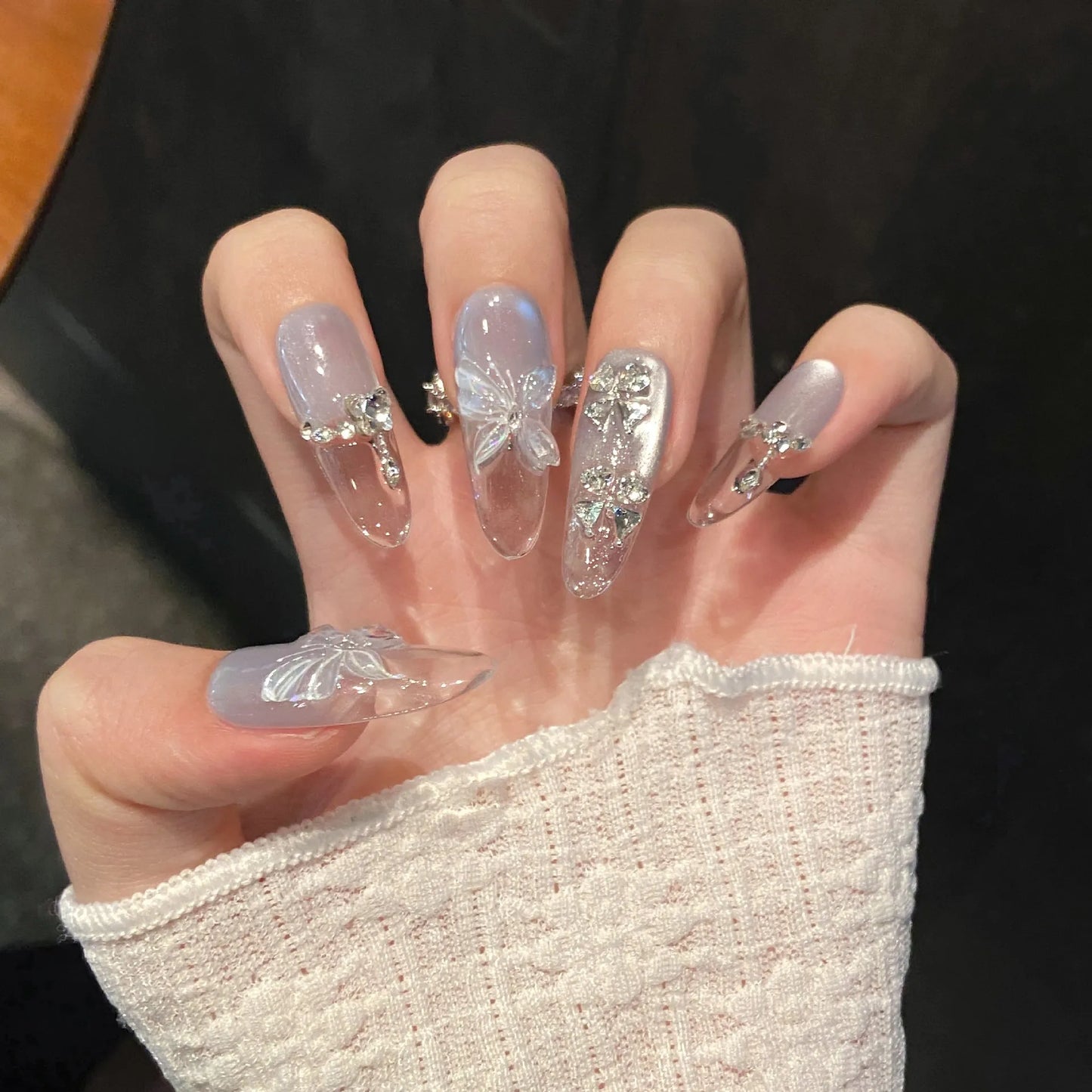 10pcs Handmade Ice Blue Gradient Press on Nails with Butterfly Design Fake Nails Wearable Sweet Summer Fresh Blue Fake Nails Peaceful Pleasures Health and Wellness M