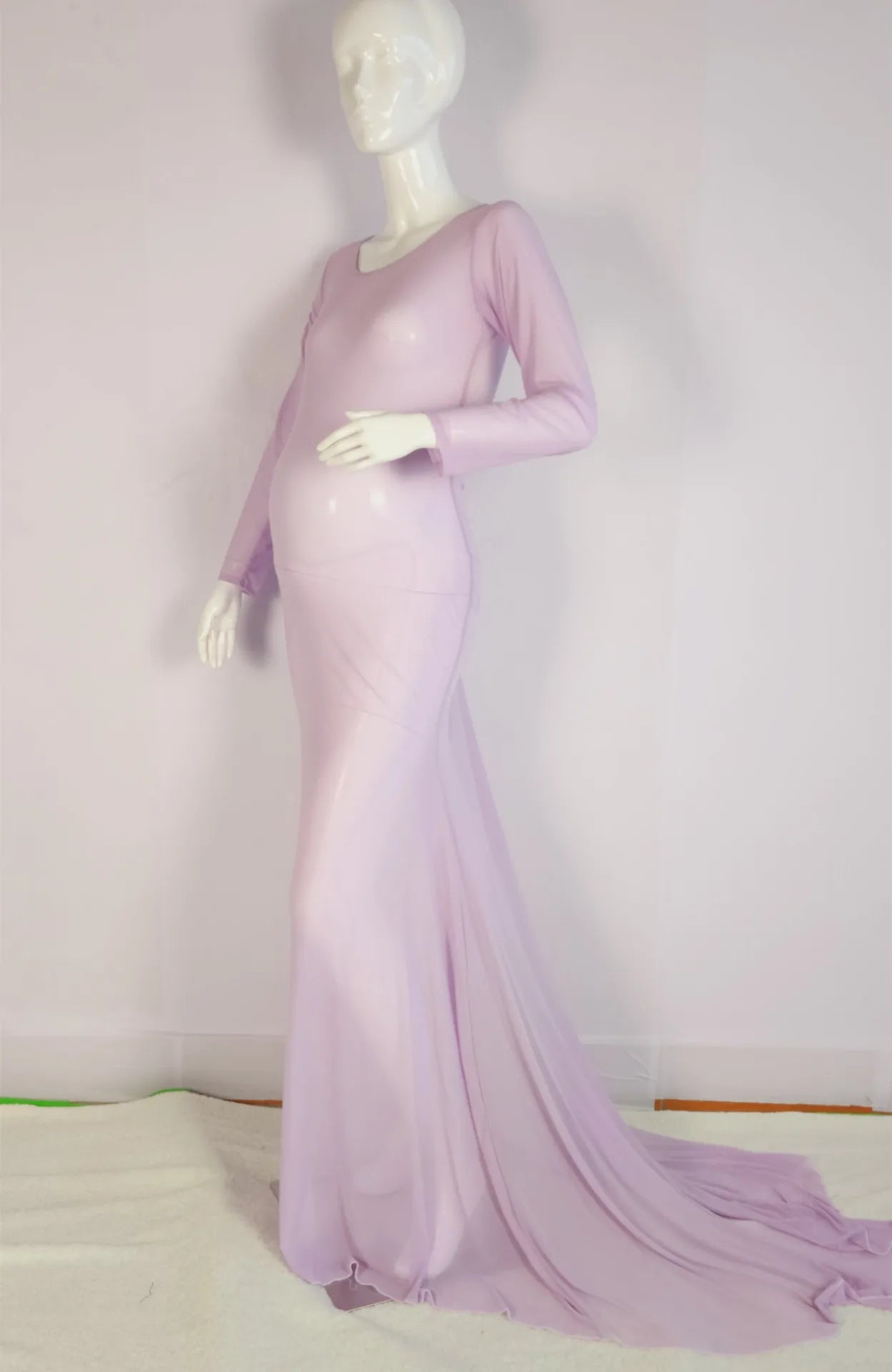 Tulle Bodysuit Pregnancy Dress Mesh Fabric Long Sleeve Stretch Women Maternity Outfit Slim Fit Style Skirt For Photo Shoot Peaceful Pleasures Health and Wellness lavender XL