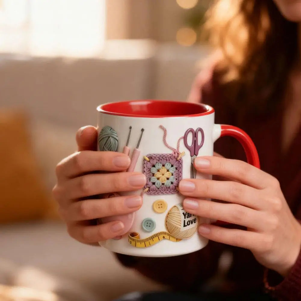 Knitting Tools Pattern Design Ceramic Mug Exquisite Creative Mug Home Office 2D Flat Print High Quality Handcrafted Art Mug Gift Peaceful Pleasures Health and Wellness