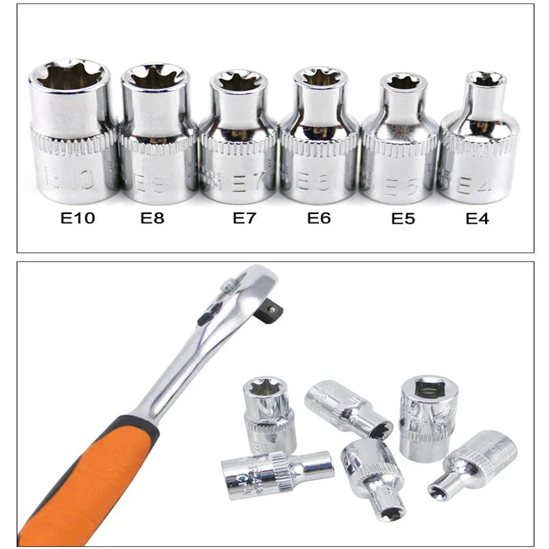 6-Pc 1/4" Drive Torx Star Female E-Socket Set E4–E10