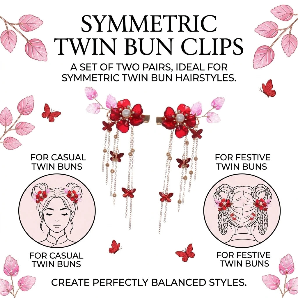 Butterfly Crystal Tassel Hair Clip Symmetrical Double Buns 2 Pairs Alloy Elegant Design for Festival and Daily Use Peaceful Pleasures Health and Wellness