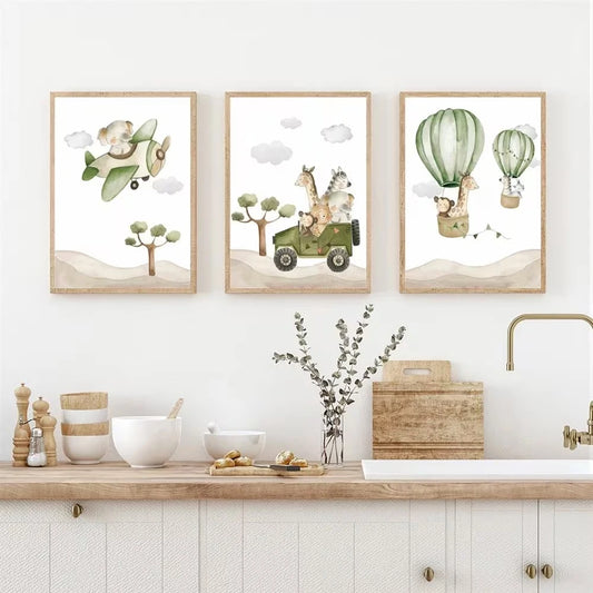 3-Piece Cartoon Animals Hot Air Balloon Canvas Wall Art Set Canvas Wall Art Set Peaceful Pleasures Health and Wellness G5333-3pcs 30x40cm Wood Framed