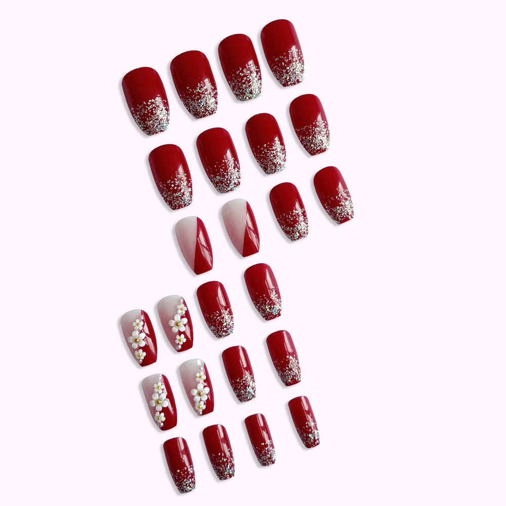 24pcs Glossy Red Press on Nails with White flowers Decor Coffin Head Fake Nails Full Cover Wearable Sweet Korean False Nails Peaceful Pleasures Health and Wellness