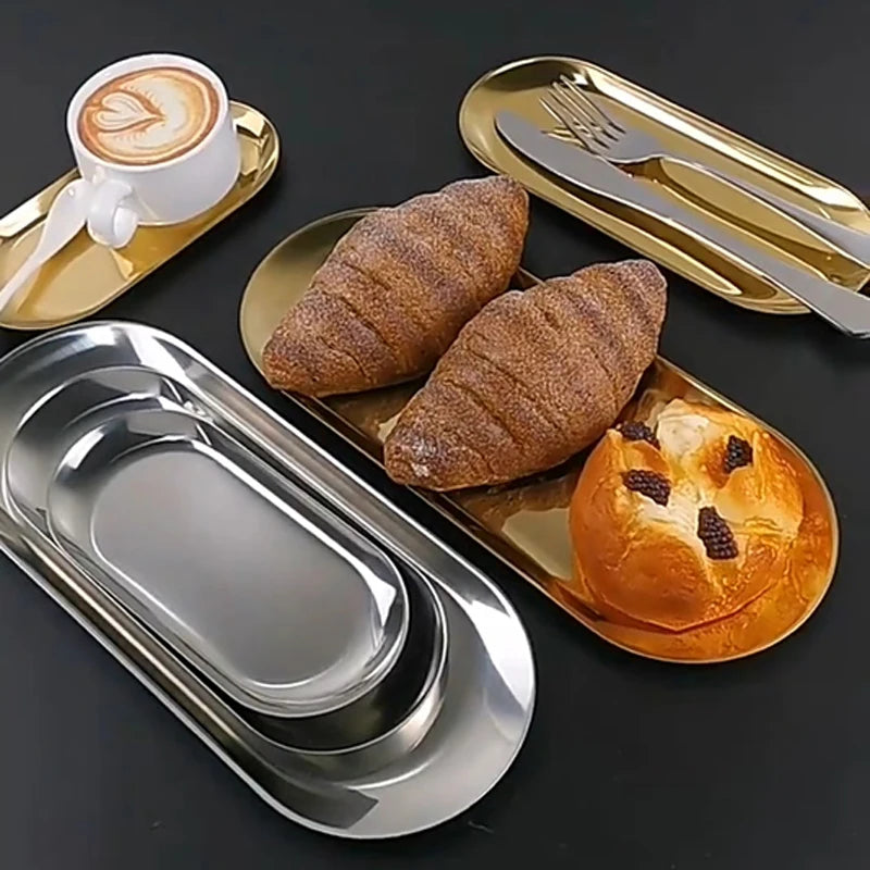 Nordic Style Dessert Dining Plate Nut Cake Fruit Plate Gold Silver Stainless Steel Towel Tray Snack Western Steak Kitchen Plate Peaceful Pleasures Health and Wellness