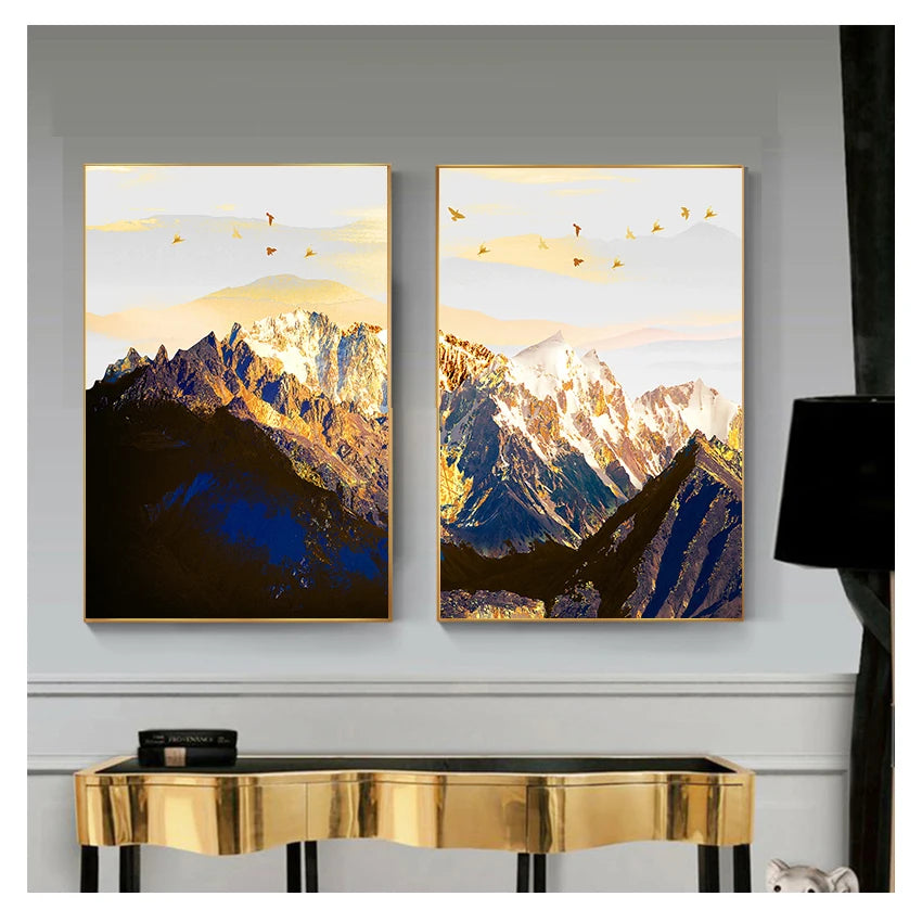 Landscape Map Canvas Painting Art Print Poster Picture Wall Nordic Decorative Home Decor Golden Abstract Snow Mountain Peaceful Pleasures Health and Wellness