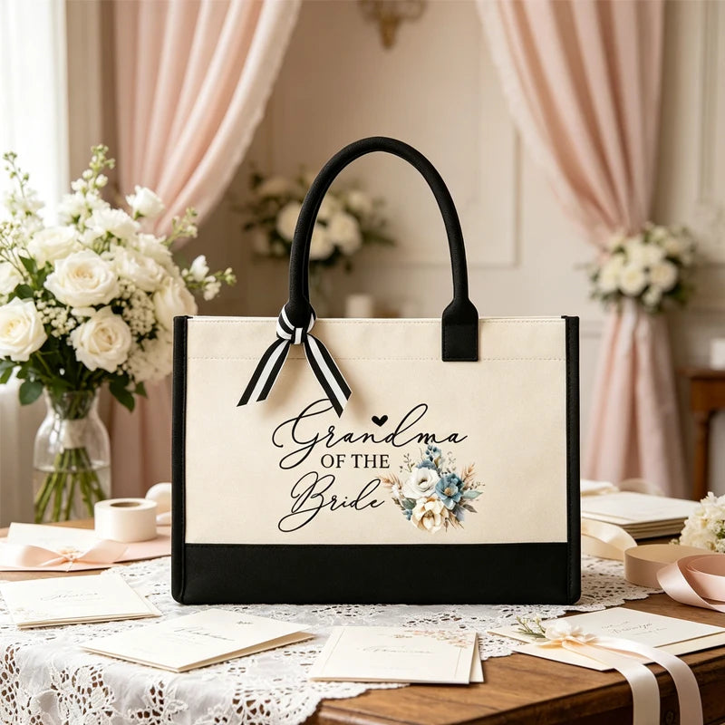 Grandma of the Bride Canvas Tote Bag | Blue Floral Wedding Gift