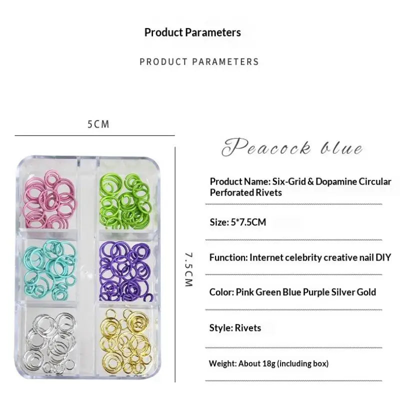 6-Grid Dopamine Nail Art Rings – Mixed Metal Rivets & Charms