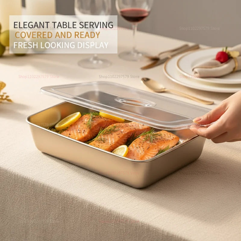 Stainless Steel Food Storage Serving Trays Rectangle Sausage Noodles Fruit Dish with Cover Home Kitchen Organizers Food Containe Peaceful Pleasures Health and Wellness