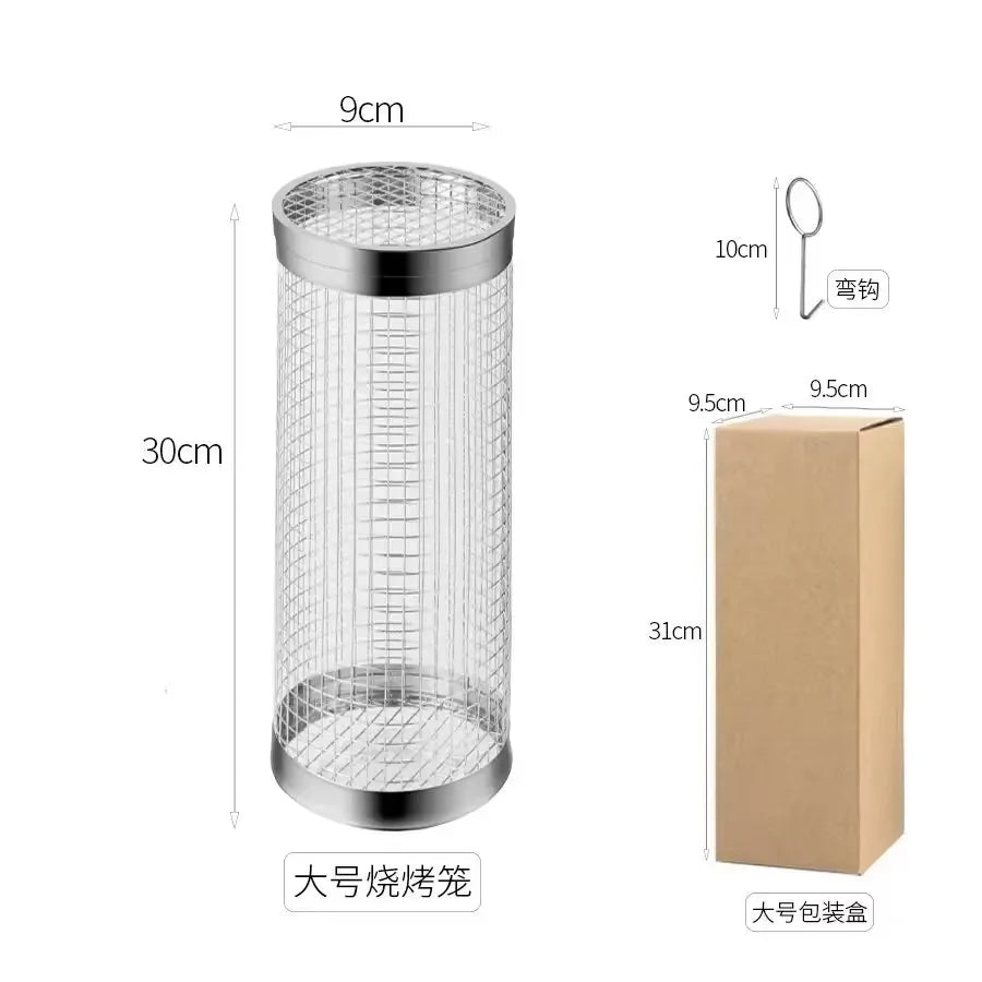 Rolling Stainless Steel BBQ Grill Basket – Cylinder Mesh Drum