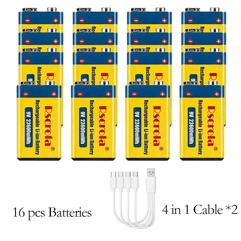 Rscrola 9V USB-C Rechargeable Battery 23600mWh Li-ion Constant Voltage for Guitar Pedal Smoke Detector Multimeter, Long Life Wit Peaceful Pleasures Health and Wellness 16 PCS Batteries 9v