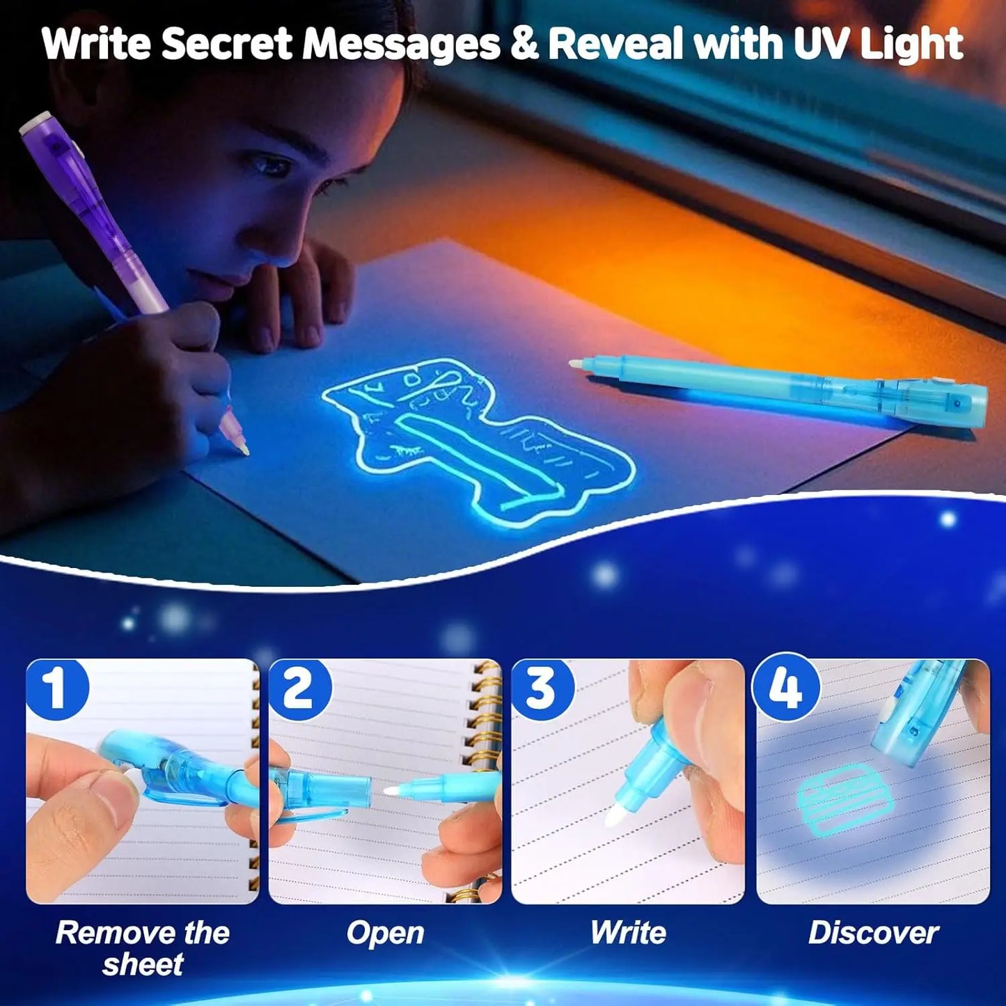 14pcs Luminous Light Pen Magic Purple 2 in 1 UV Black Light Combo Drawing Invisible Ink Pen Learning Education Toys for Child Peaceful Pleasures Health and Wellness