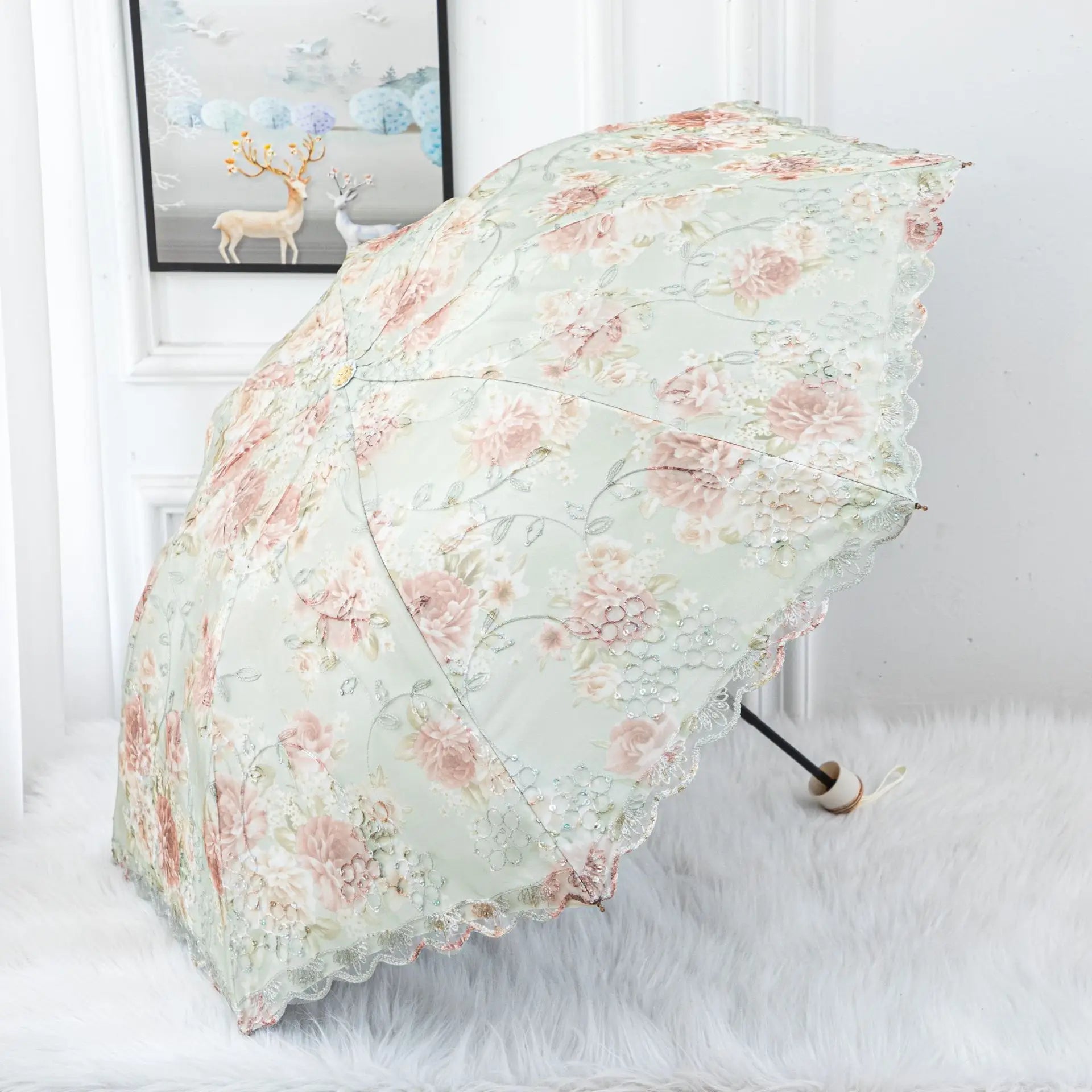 Double-layer Lace Umbrella Creative Embroidered Three-fold Princess Sunshade Umbrella Sun Protection Black Rubber Sun Umbrella Peaceful Pleasures Health and Wellness green 8K full-fiber