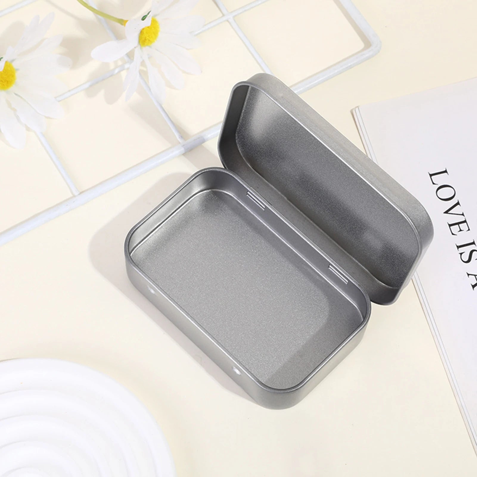 10PCS Metal Empty Hinged Tins Box Silvery Metal Hardware Iron Box with Lids for Keychains USB Flash Drive Small Items Peaceful Pleasures Health and Wellness