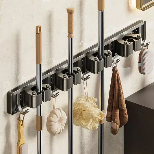Wall Mounted Mop and Broom Organizer Mop Holder Rack Mop Holder Strong Broom Holder Self with 5 Hooks Organizers Hang Broom Peaceful Pleasures Health and Wellness