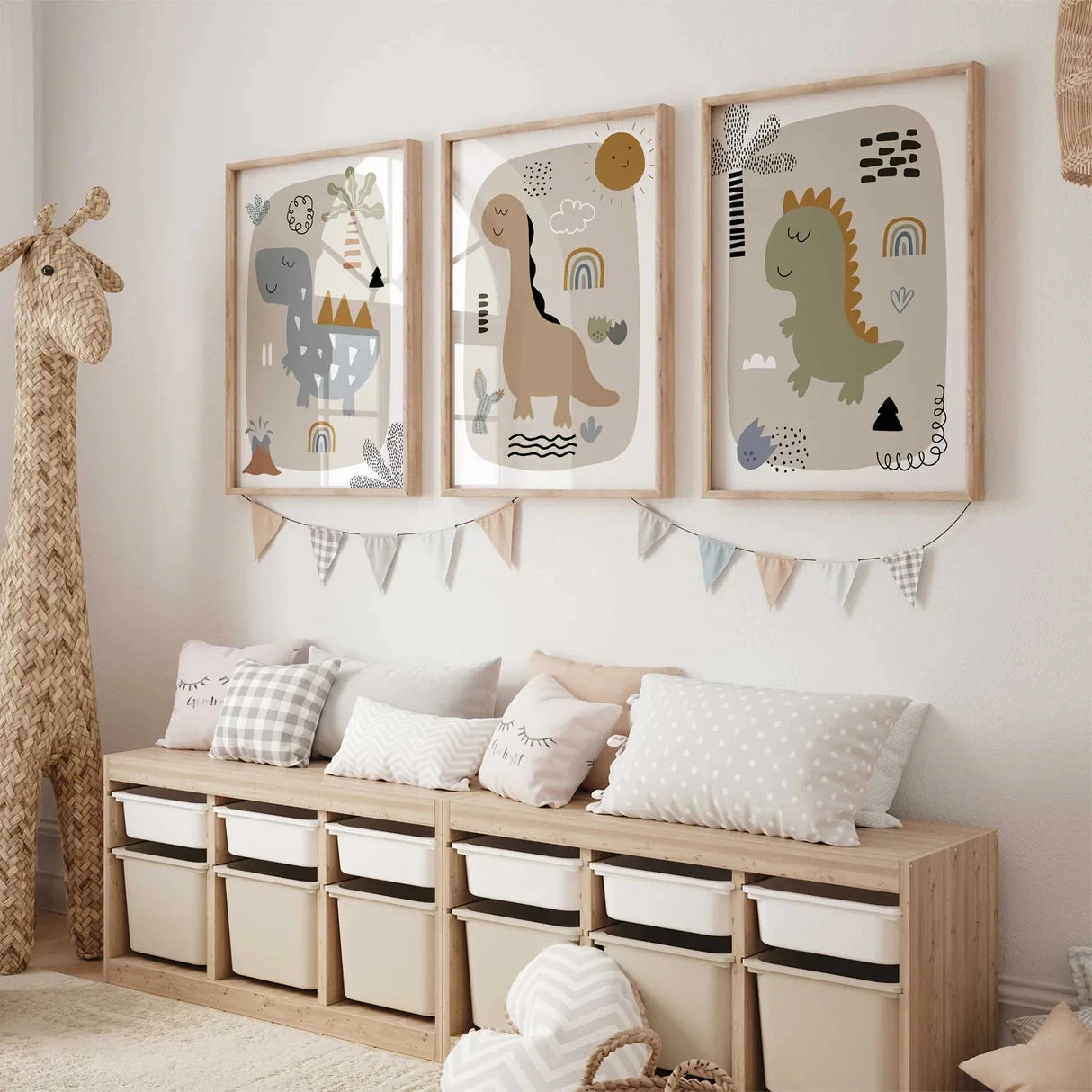 3-Piece Cartoon Dinosaur Canvas Wall Art | Kids Room Decor