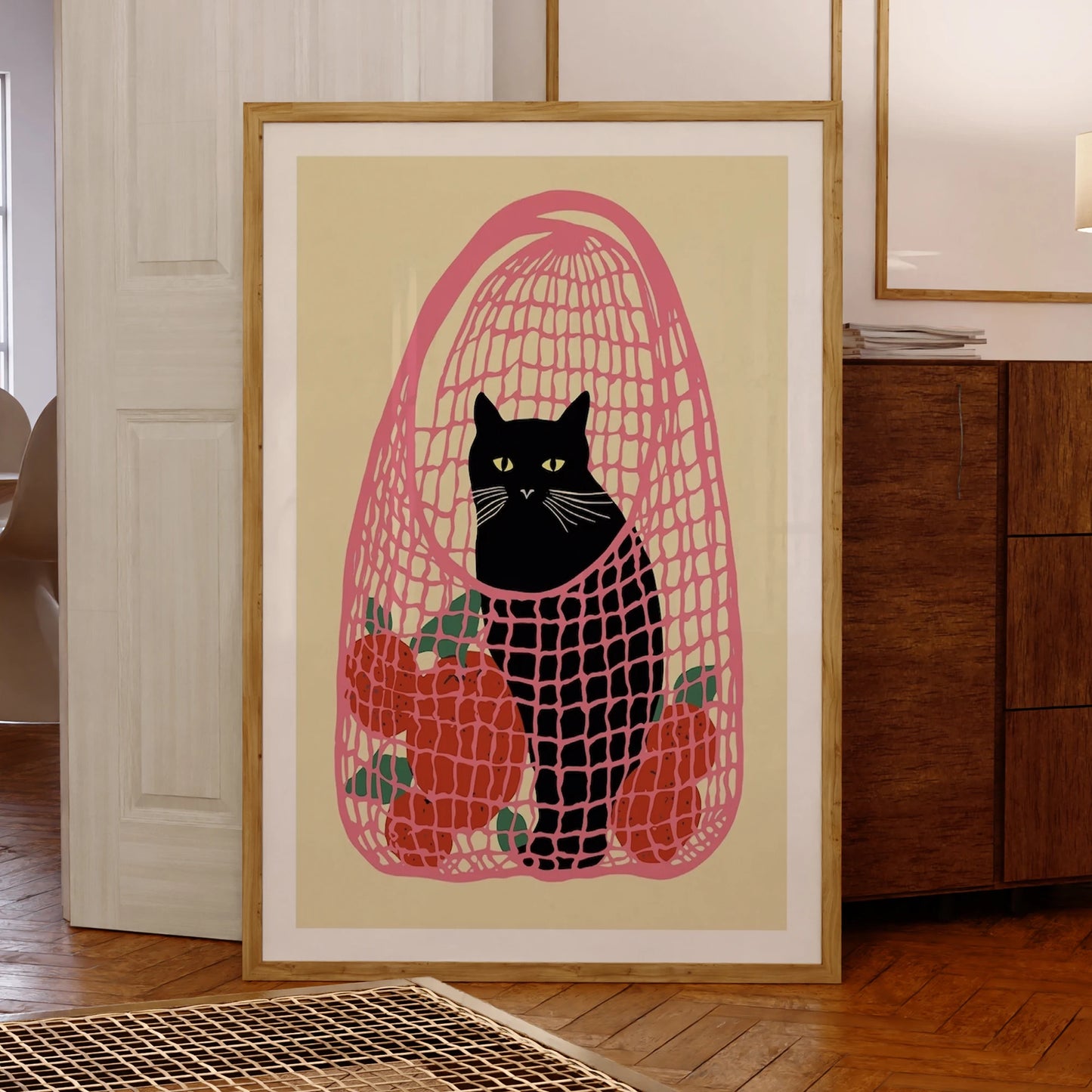 Black Cat Pink Bag Oranges Canvas Wall Art Print | Home Decor