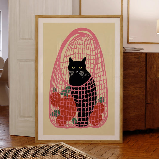 Black Cat Pink Bag Oranges Canvas Wall Art Print | Home Decor Canvas Wall Art Peaceful Pleasures Health and Wellness