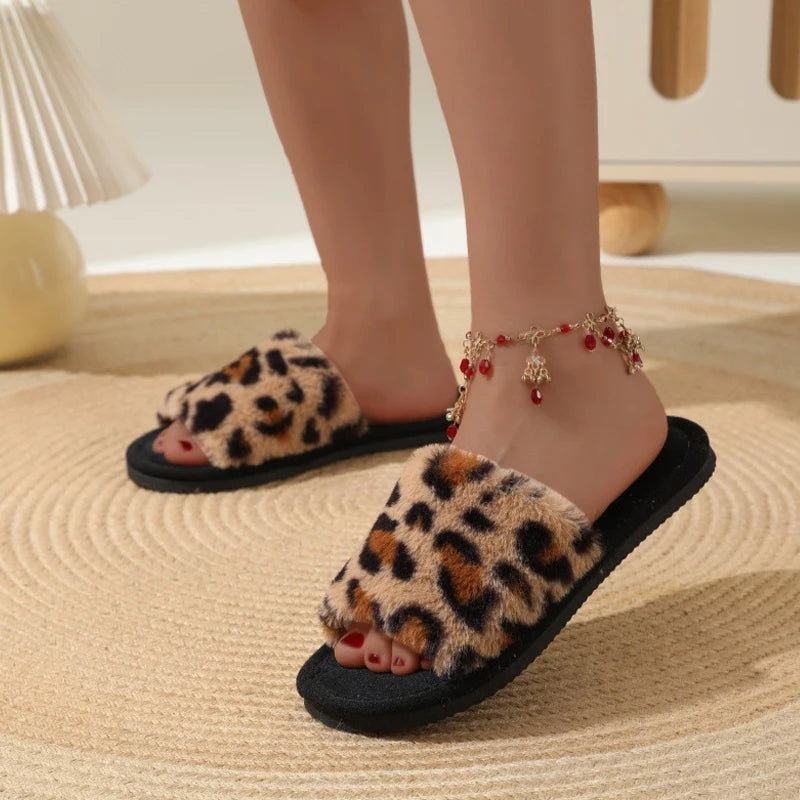 Women's Leopard Print Plush Slippers | Warm EVA Indoor Slides