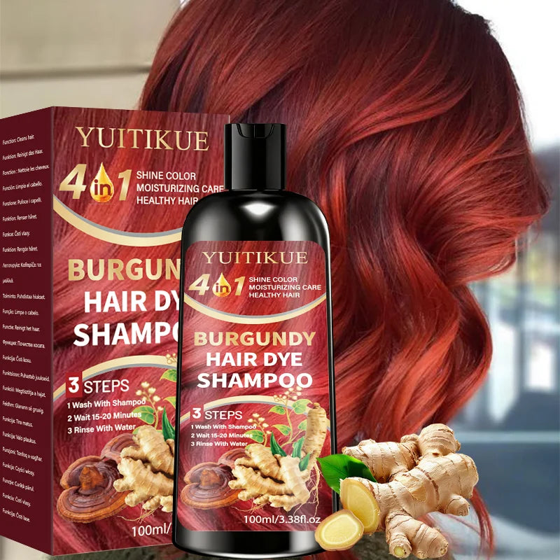 YUITIKUE 4 IN 1 Burgundy Hair Dye Shampoo Natural Ginger Herbal Long Lasting Moisturizing Hair Color Shampoo 100ml Peaceful Pleasures Health and Wellness