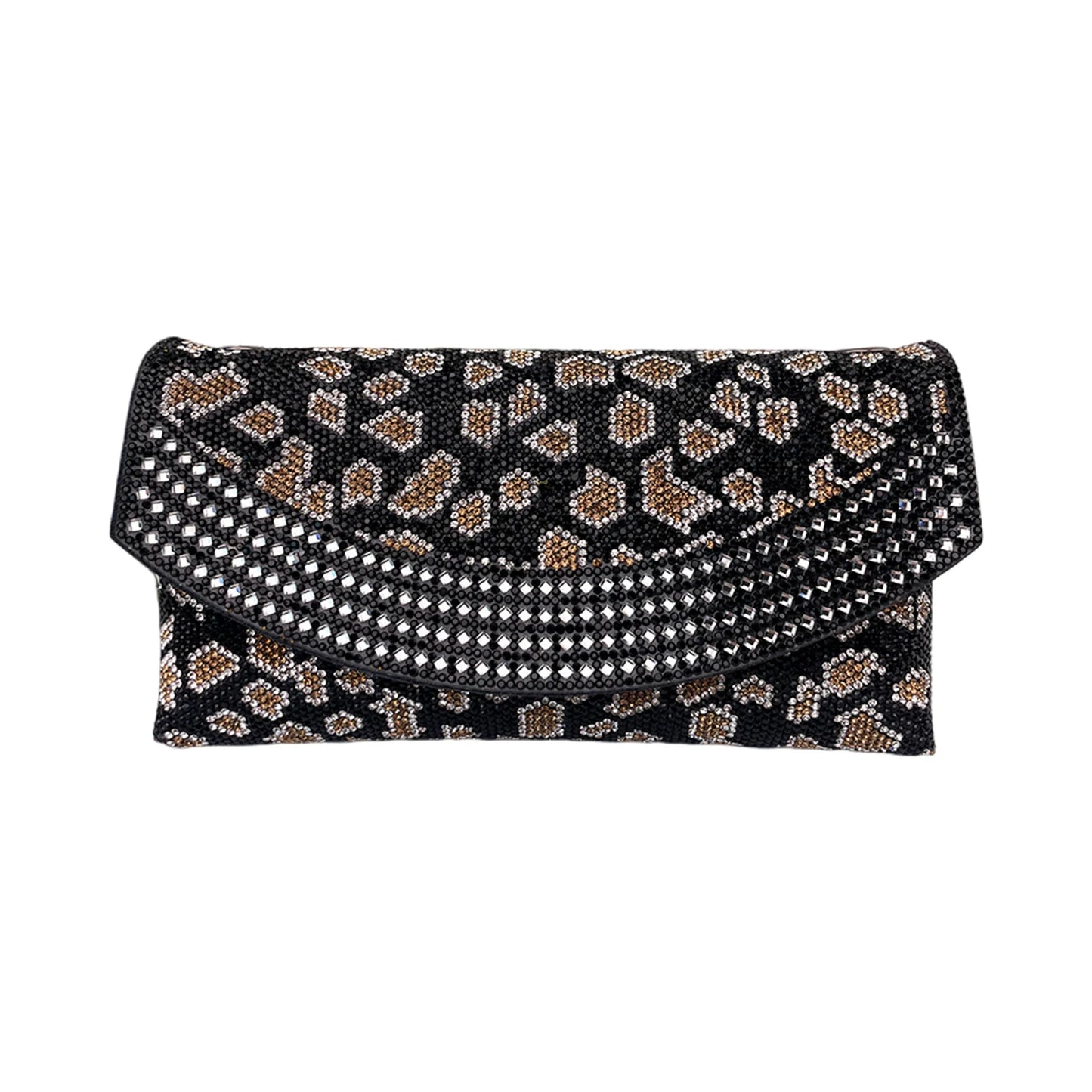 Leopard Print Clutch Bag for Women with Rhinestone Decoration Evening Crossbody Shoulder Bag for Wedding Party and Formal Events Peaceful Pleasures Health and Wellness black