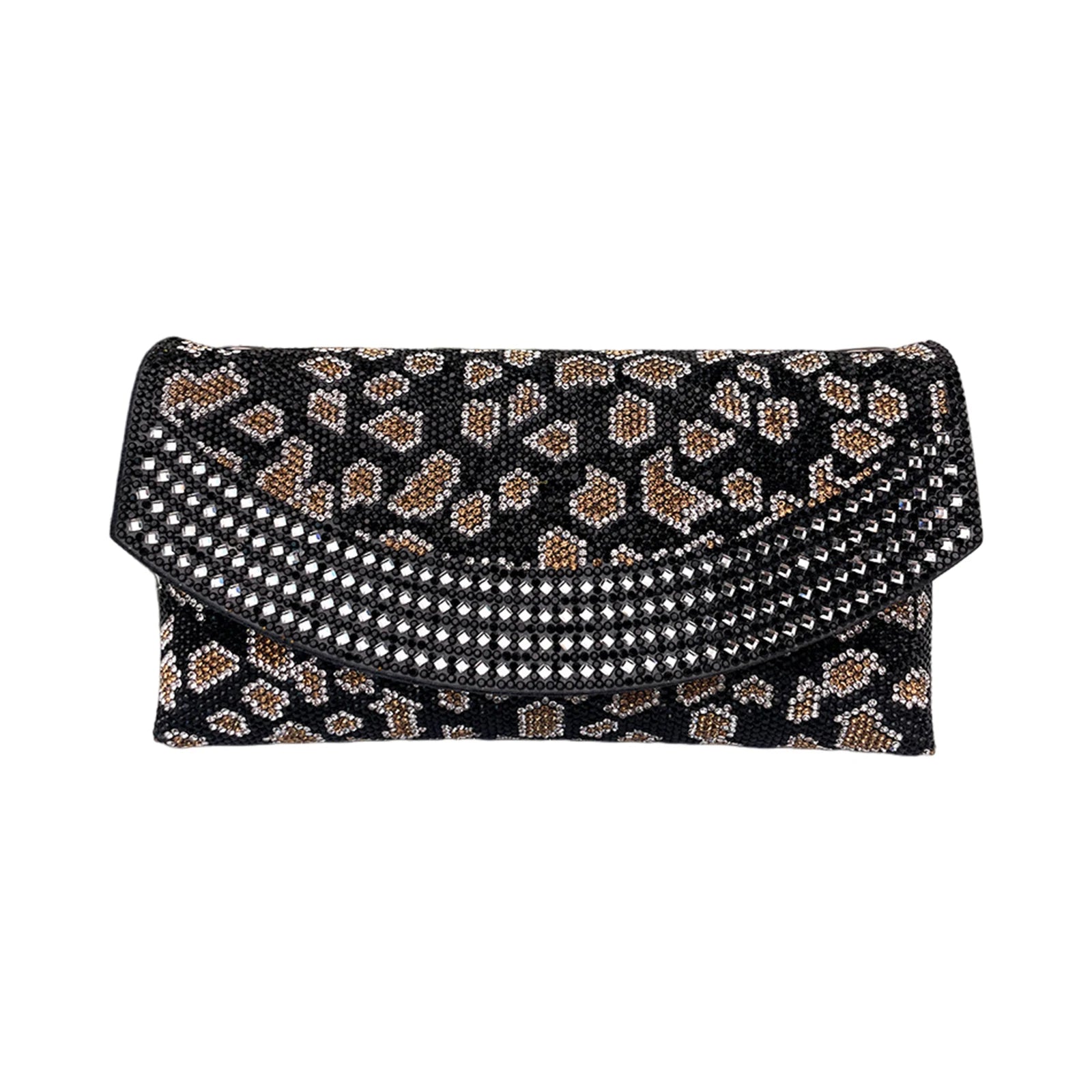 Leopard Print Clutch Bag for Women with Rhinestone Decoration Evening Crossbody Shoulder Bag for Wedding Party and Formal Events Peaceful Pleasures Health and Wellness black