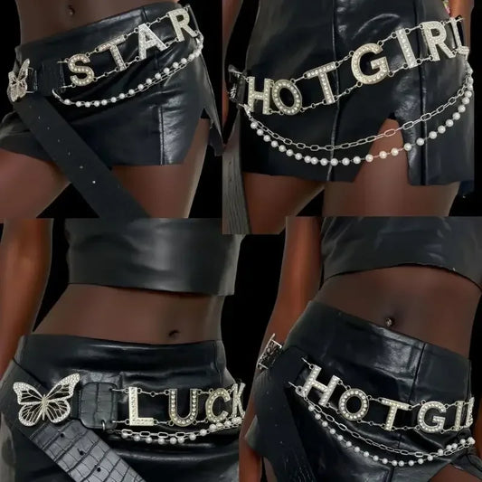 Rhinestone Y2K Letter Belt – PU Butterfly Chain Women's Belt Fashion Belt Oasis Select