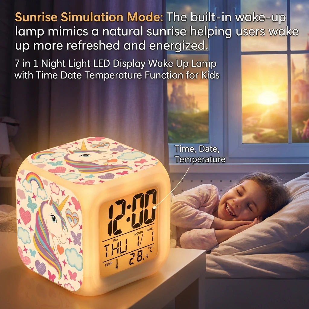 Kids Alarm Clock 7 in 1 LED Night Light with Wake Up Function Display Time Date Temperature USB Powered Color Changing Lamp Peaceful Pleasures Health and Wellness